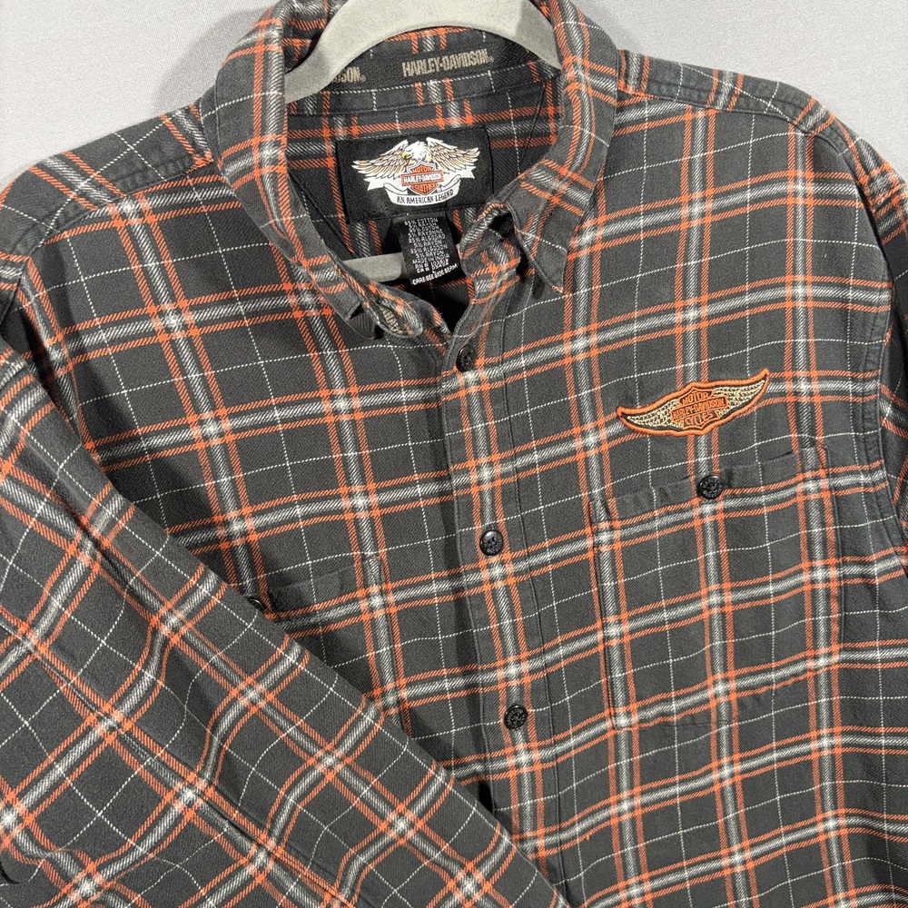 Harley-Davidson Shirt Flannel Plaid Long Sleeve Large Black Orange Classic